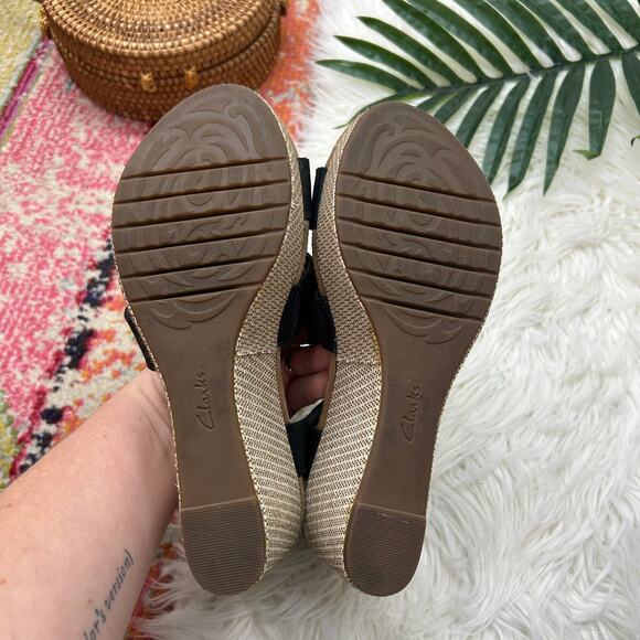 Clarks Artisan Black Leather Platform Wedge Sandal 8W 8 WIDE Ankle Strap - Picture 8 of 9